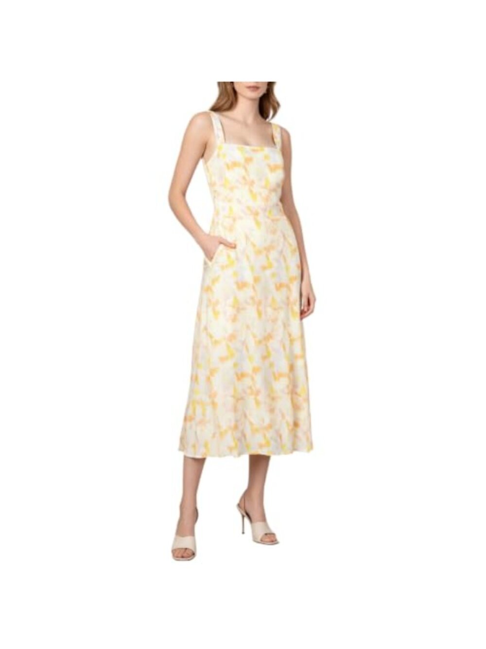 Linen Blend Midi Dress with Pockets Adjustable Straps Square Neck